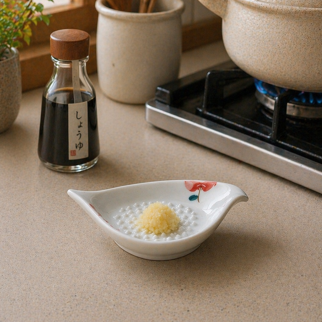 Small white dish with a floral design on a kitchen counter, containing a small ball of garlic next to a bottle of soy sauce.