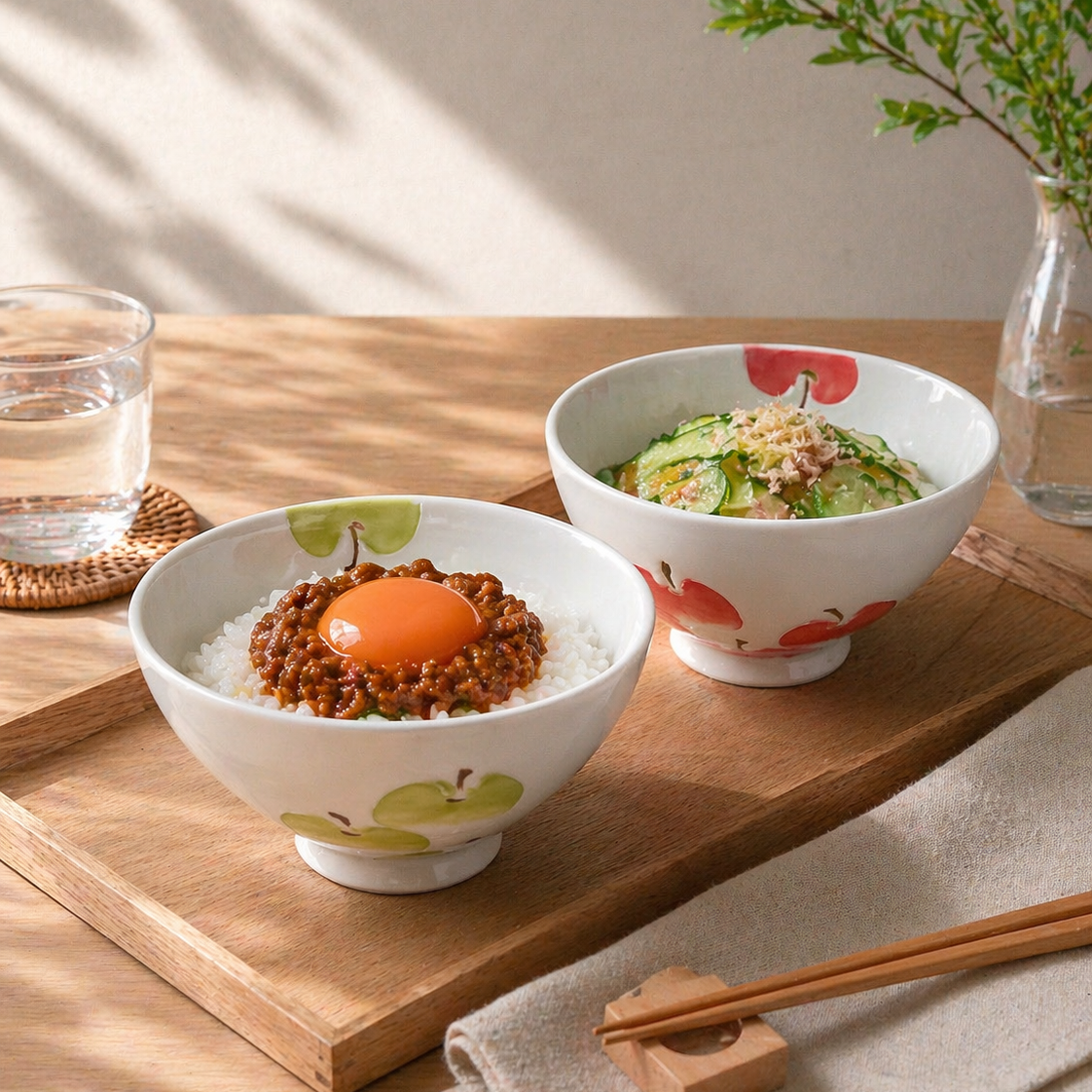 Two bowls with food on a wooden tray with a neutral background