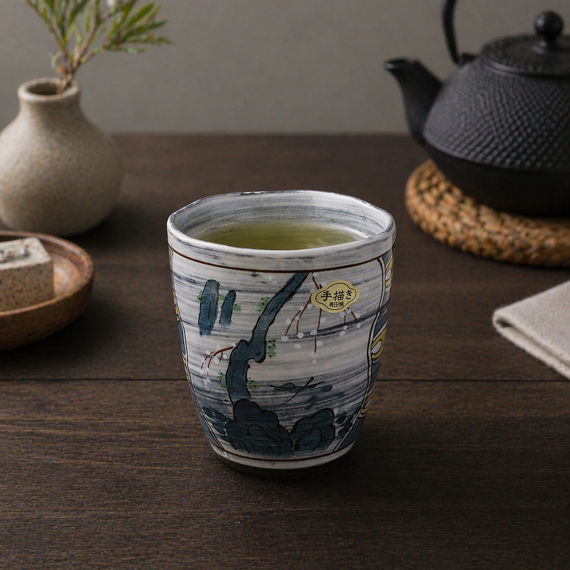 Ceramic cup with tea on a wooden table with a teapot and small vase in the background.
